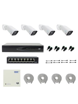 Pack NVR PNI House IP816 avec 4 caméras PNI IP780 4K, source, commutateur, câbles, fiches et répartiteurs