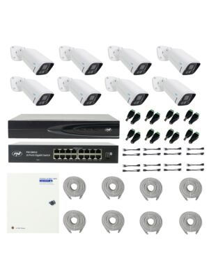 Pack NVR PNI House IP816 avec 8 caméras PNI IP780 4K, source, commutateur, câbles, fiches et répartiteurs