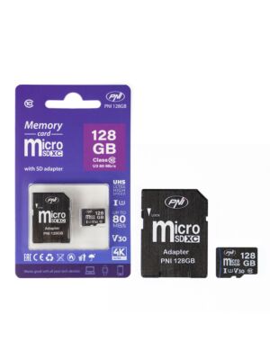 Carte mémoire MicroSD PNI 128 Go avec adaptateur SD, classe 10, 80 Mb/s, V30