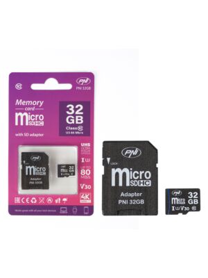 Carte mémoire MicroSD PNI 32 Go avec adaptateur SD, classe 10, 80 Mb/s, V30