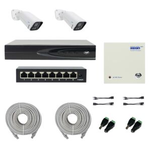 Pack NVR PNI House IP816 avec 2 caméras PNI IP780 4K, source, commutateur, câbles, fiches et répartiteurs