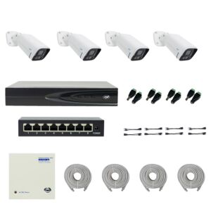 Pack NVR PNI House IP816 avec 4 caméras PNI IP780 4K, source, commutateur, câbles, fiches et répartiteurs