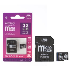 Carte mémoire MicroSD PNI 32 Go avec adaptateur SD, classe 10, 80 Mb/s, V30